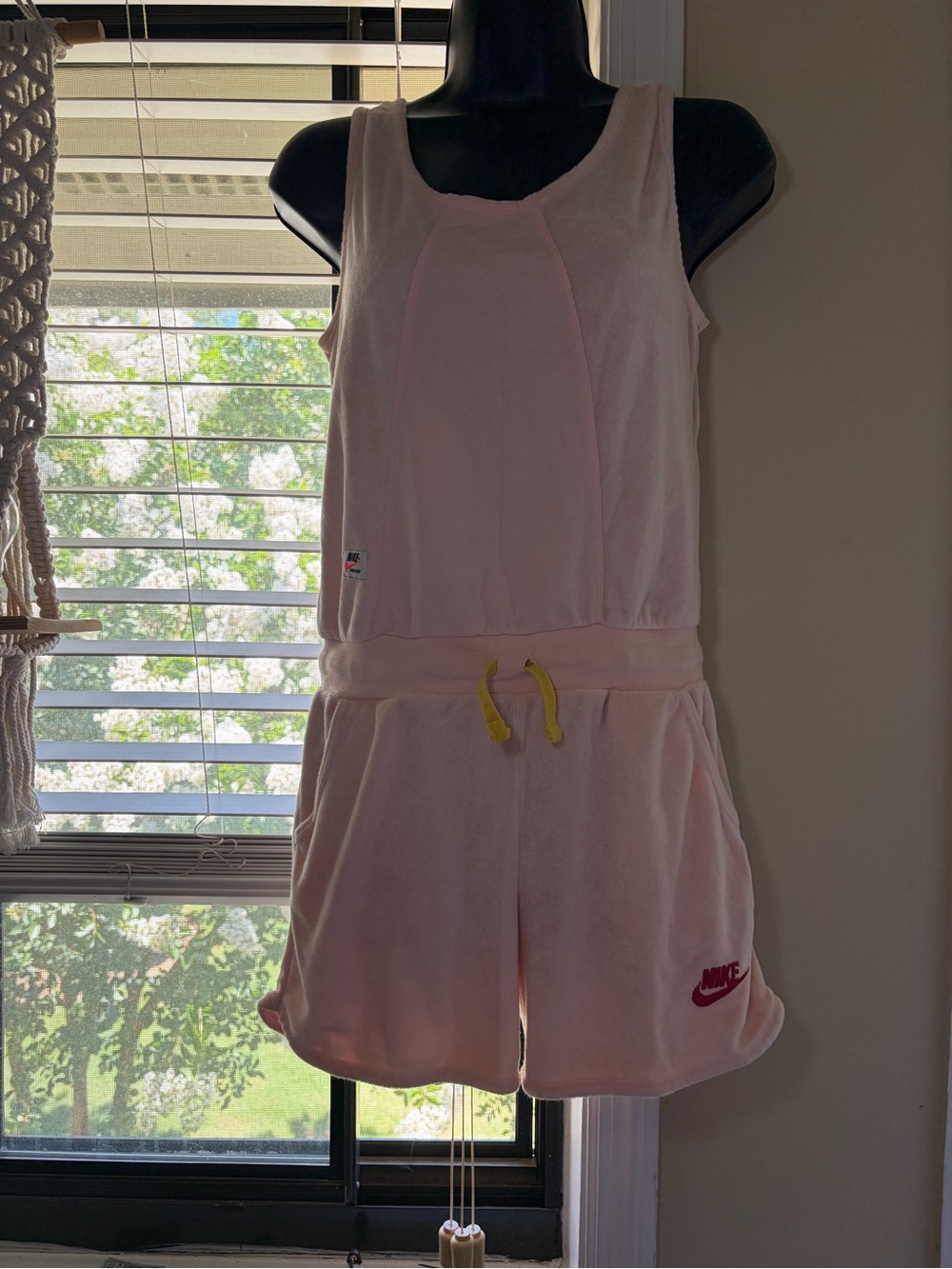 Nike Light Pink Terry Romper with Yellow Drawstring